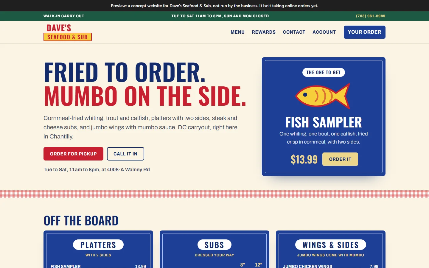 Dave's Seafood & Sub home page