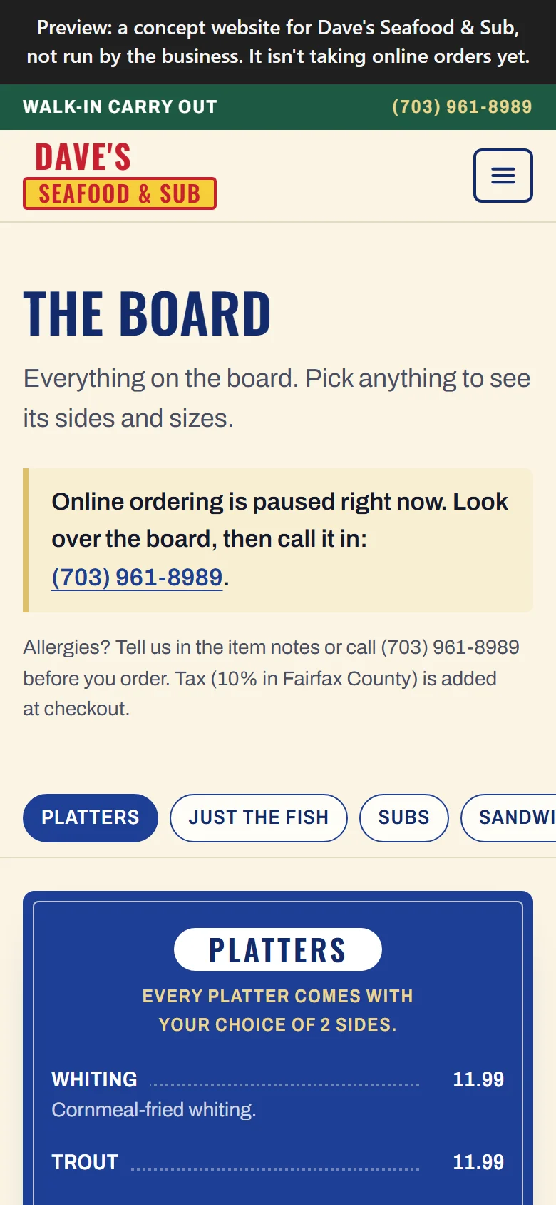 Dave's Seafood & Sub on a phone
