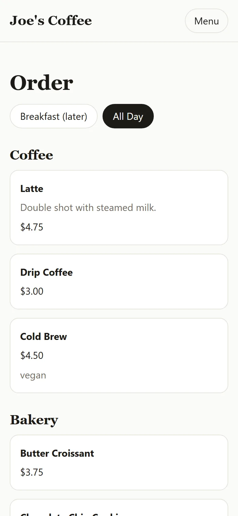 Joe's Coffee on a phone